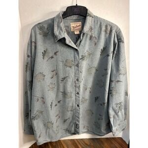 Vintage Woolrich Womens Gray Leaf Print Long Sleeve Button Up Cotton Shirt Sz L
